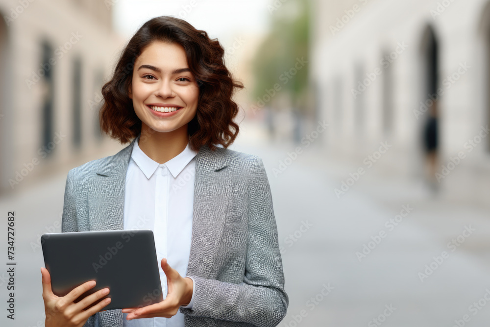 Professional woman dressed in business suit holding tablet computer. Perfect for corporate and technology-related projects