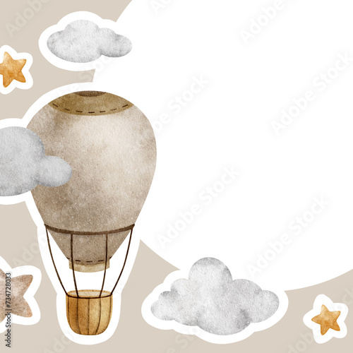 Beige Hot Air Balloons, clouds and stars. Children's background with baby aircraft. Cute watercolor isolated frame for kid's goods, postcards, baby shower and children's room