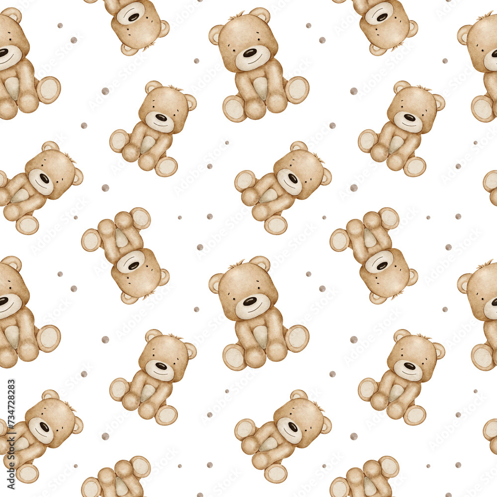 Teddy bear toys and dots. Plush baby toy. Cute baby watercolor pattern for baby with kid's toy's. Background for kids good and shop, cards, wallpapers, baby shower, kid's room and toy
