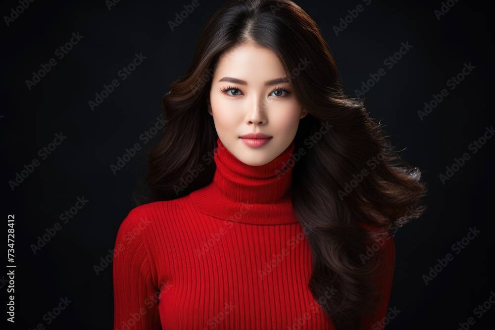 Woman wearing red turtle neck sweater. Versatile and stylish for various occasions Woman wearing red turtle neck sweater. Versatile and stylish for various occasions