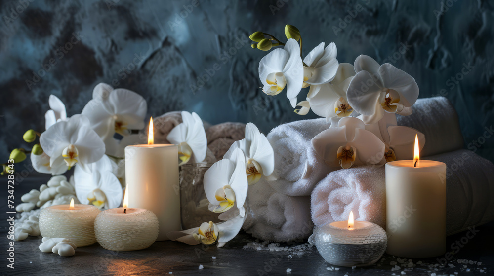 Orchids and Candles Spa Relaxation Concept, A calming spa arrangement featuring white orchids, fluffy towels, and lit candles against a dark backdrop.