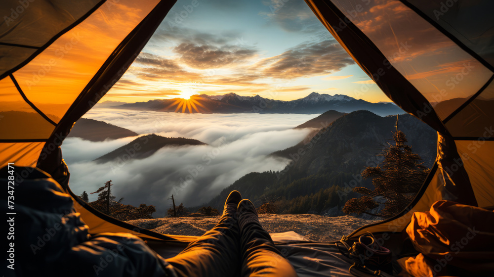 Sunrise View from Tent on Mountain Summit, View of a breathtaking ...