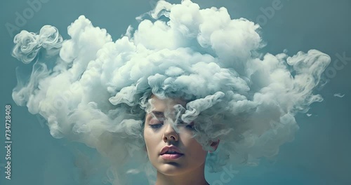 Head in the Clouds - White woman with makeup having her head overtaken by small clouds photo