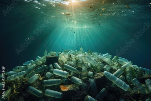 Plastic bottles floating in ocean. Suitable for environmental and pollution-related concepts