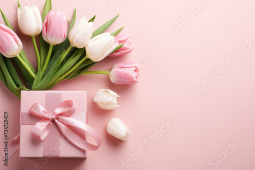 Beautiful bouquet of pink tulips accompanied by pink gift box. Perfect for expressing love and appreciation. Suitable for various occasions and celebrations © vefimov