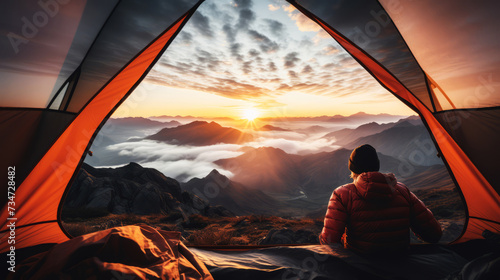 Sunrise View from Tent on Mountain Summit, View of a breathtaking sunrise over mountains from the opening of a camping tent.