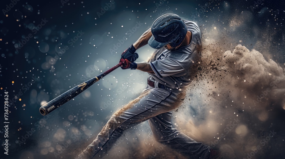 Baseball Player Executes Powerful Swing, Dust Erupting.