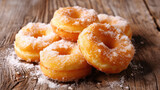 Pile of sugar covered donuts on wooden table. Perfect for food and dessert concepts