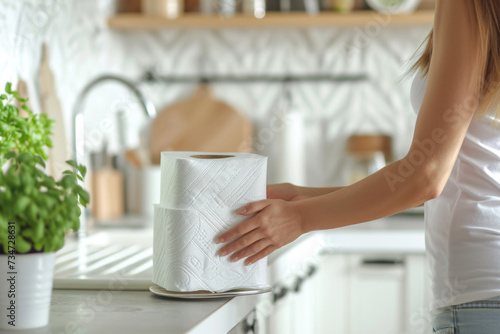 Woman is holding roll of toilet paper. This image can be used to depict hygiene, bathroom essentials, or stockpiling supplies