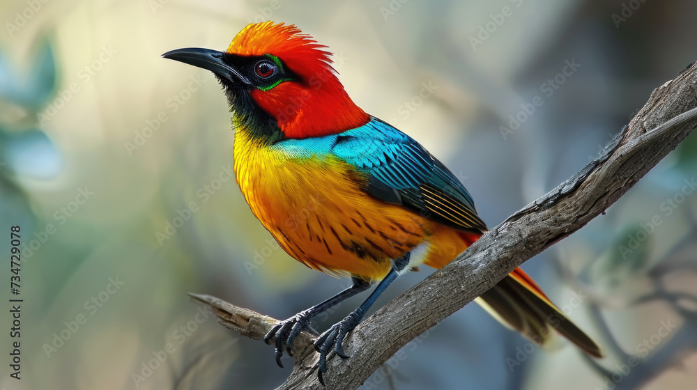 Fototapeta premium Brightly colored bird perched on tree branch. Perfect for nature enthusiasts and birdwatchers