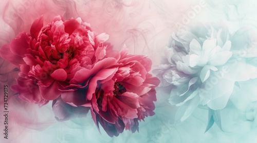 Watercolor pink peony on gradient background of light pink to light blue, Copy space