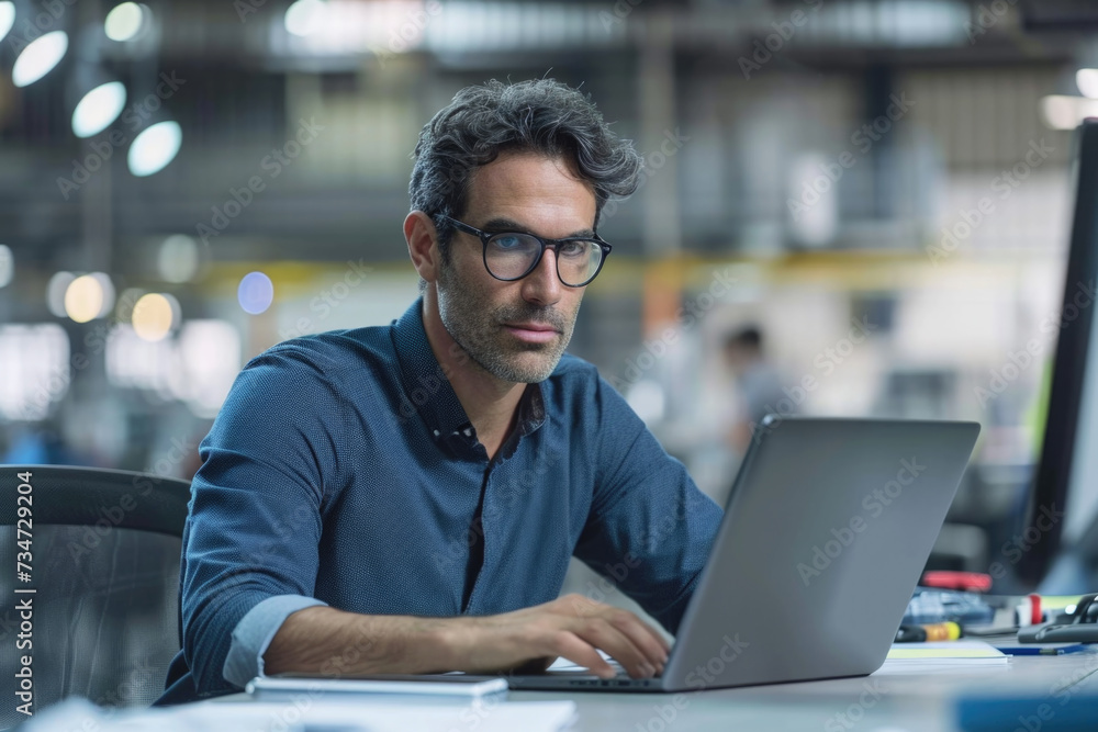 Man sitting at desk using laptop computer. Suitable for technology and remote work concepts Man sitting at desk using laptop computer. Suitable for technology and remote work concepts