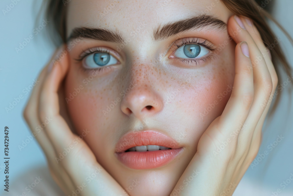 Close-up shot of woman with freckles on her face. This image can be used to portray natural beauty or to illustrate skincare and makeup products Close-up shot of woman with freckles on her face. This image can be used to portray natural beauty or to illustrate skincare and makeup products