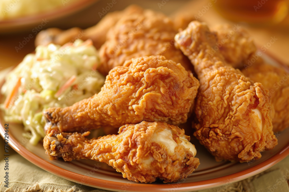 Plate of fried chicken and coleslaw on table. Perfect for food enthusiasts and restaurant menus Plate of fried chicken and coleslaw on table. Perfect for food enthusiasts and restaurant menus
