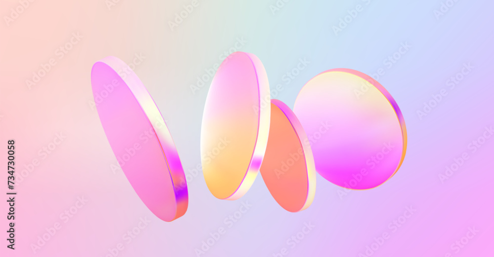 Set 3d hologram disk on holographic background. Flying fluid pink, blue, pastel podium. Abstract scene holo glass cylinder shape. Vector illustration Set 3d hologram disk on holographic background. Flying fluid pink, blue, pastel podium. Abstract scene holo glass cylinder shape. Vector illustration