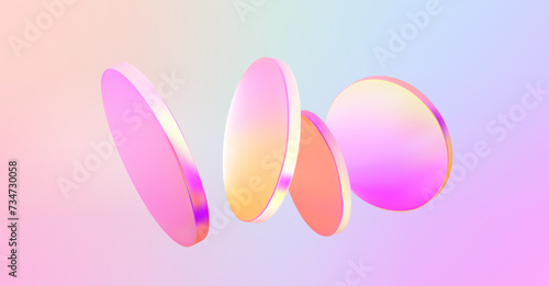 Set 3d hologram disk on holographic background. Flying fluid pink, blue, pastel podium. Abstract scene holo glass cylinder shape. Vector illustration