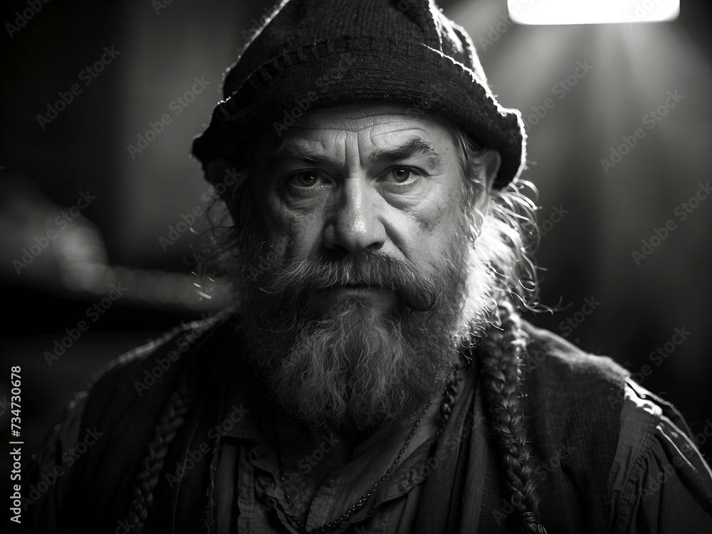 An old man with a long beard and a knit hat looks directly at the viewer. An old man with a long beard and a knit hat looks directly at the viewer.