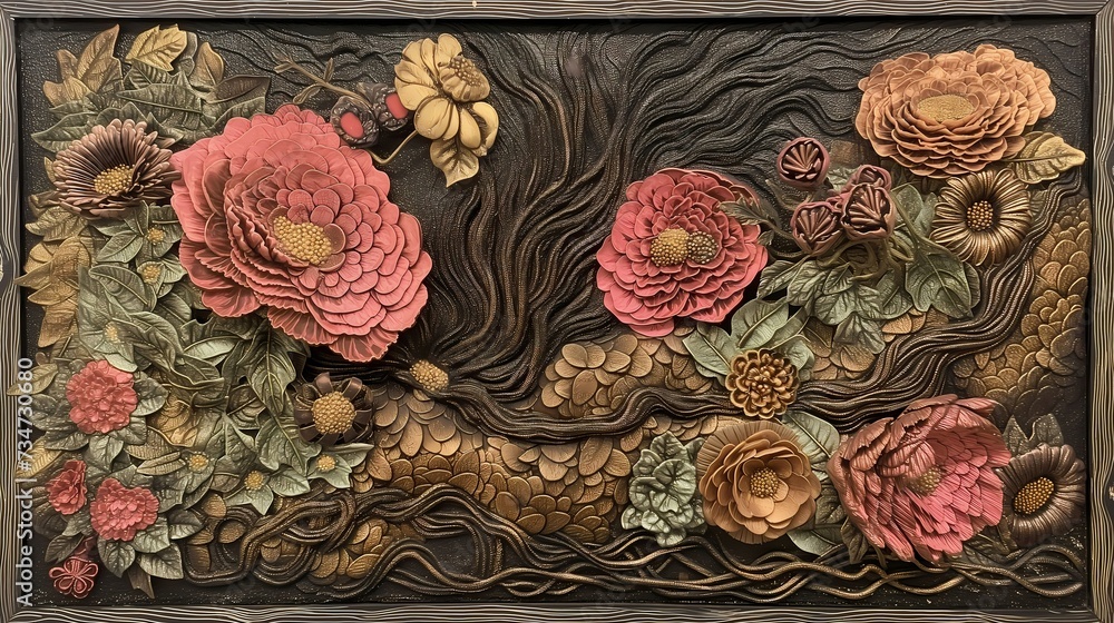 Elegant Floral Bas Relief Artwork with Vibrant Sculpted Flowers - obrazy, fototapety, plakaty 