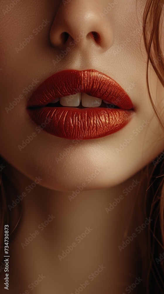 Classic Bold Red Glossy Lipstick on Lush Lips Close-Up Classic Bold Red Glossy Lipstick on Lush Lips Close-Up