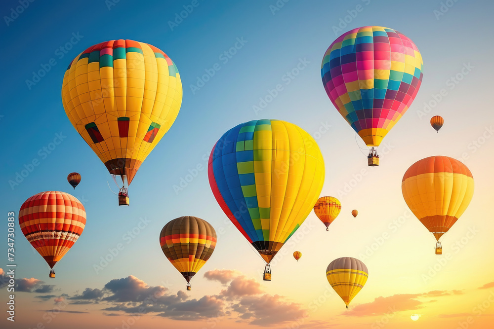 Obraz premium Colorful hot air balloons flying in sky. Perfect for travel, adventure, and outdoor concepts