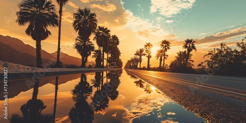 A highway near a desert oasis, with palm trees and water reflecting the warm colors of sunrise #734730827