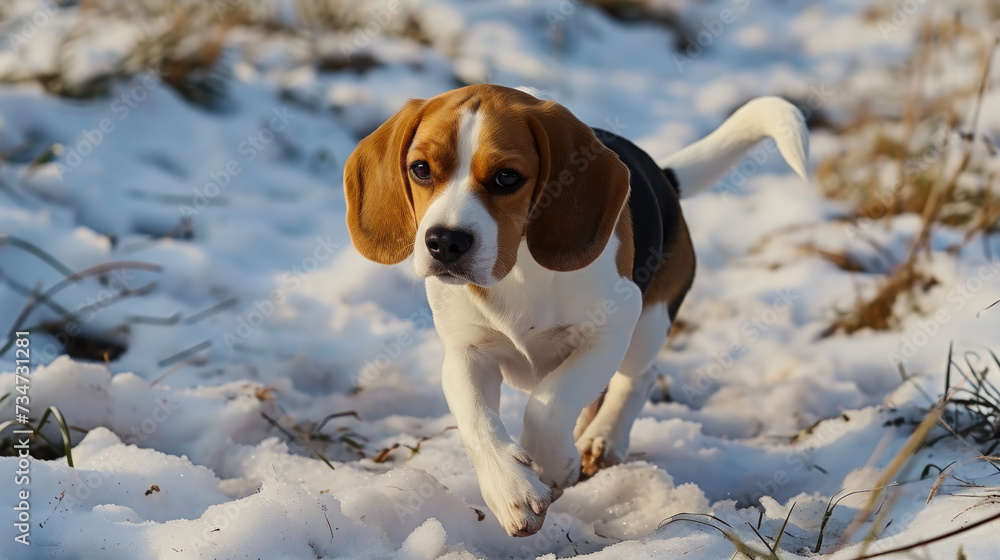 Brown and white dog walking in snow. Perfect for winter-themed designs and pet-related projects
