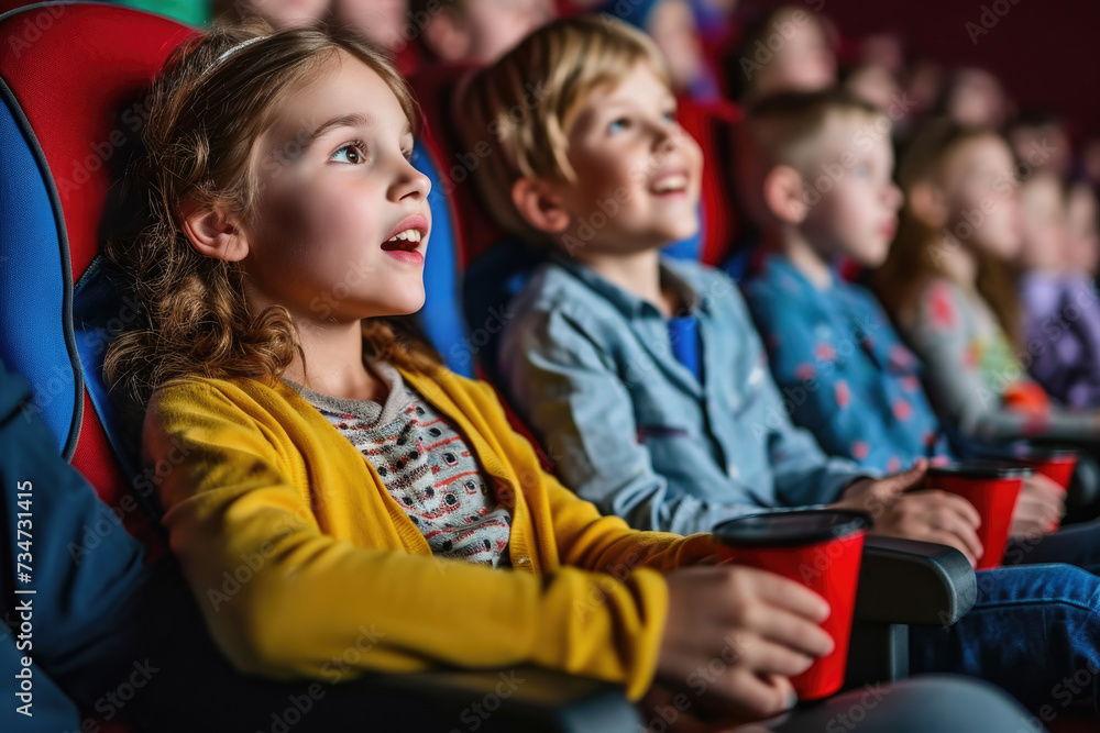Group of children engrossed in watching movie in theater. Suitable for various uses