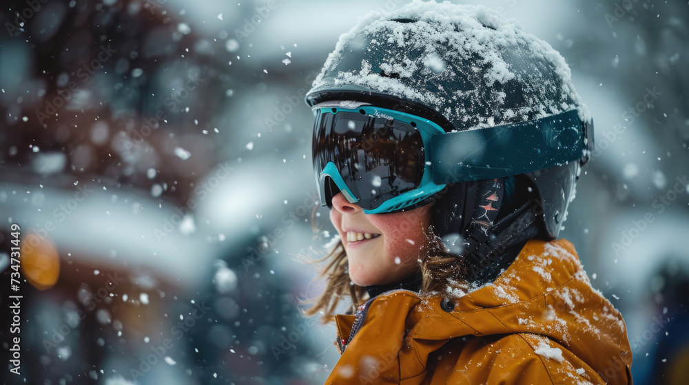 Young girl is pictured wearing helmet and goggles in snow. This image can be used to depict winter sports or outdoor activities in snowy conditions Young girl is pictured wearing helmet and goggles in snow. This image can be used to depict winter sports or outdoor activities in snowy conditions