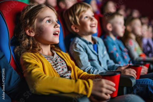 Group of children engrossed in watching movie in theater. Suitable for various uses