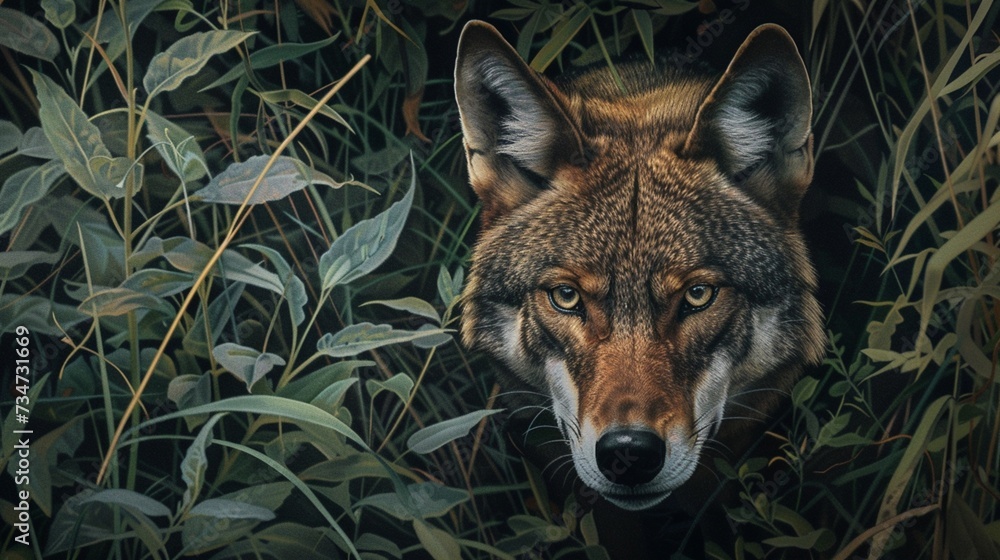 A red wolf emerging from the dense undergrowth, its keen eyes focused intently on an unseen target as it moves with stealth and precision.