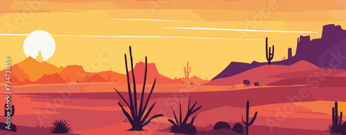 Desert landscape abstract art background. Texas western mountains and cactuses. Vector illustration of Wild West desert with red sky and sun. Design element for banner  flyer  card  sign template.