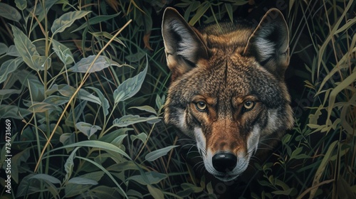 Obraz na płótnie A red wolf emerging from the dense undergrowth, its keen eyes focused intently on an unseen target as it moves with stealth and precision. w salonie