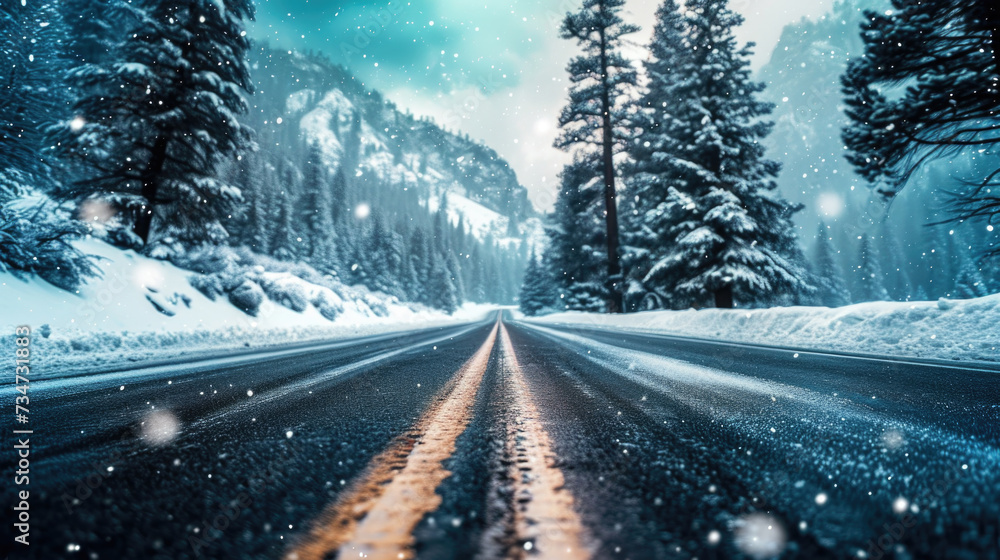 Picture of snowy road with yellow line in middle. Suitable for transportation and winter themes