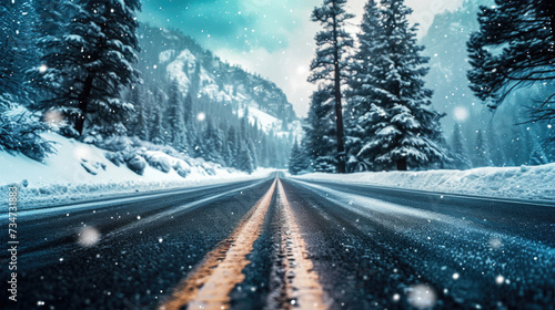Picture of snowy road with yellow line in middle. Suitable for transportation and winter themes © vefimov