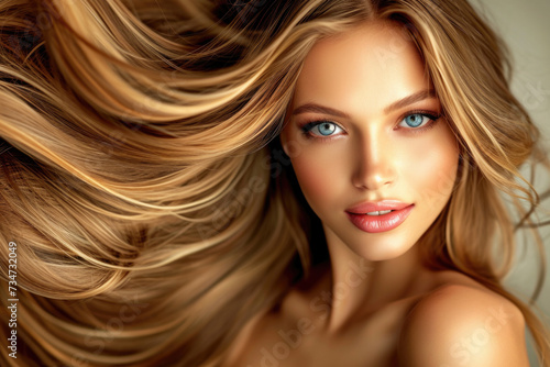 Stunning young woman with flowing blonde locks. Perfect for beauty and fashion related projects