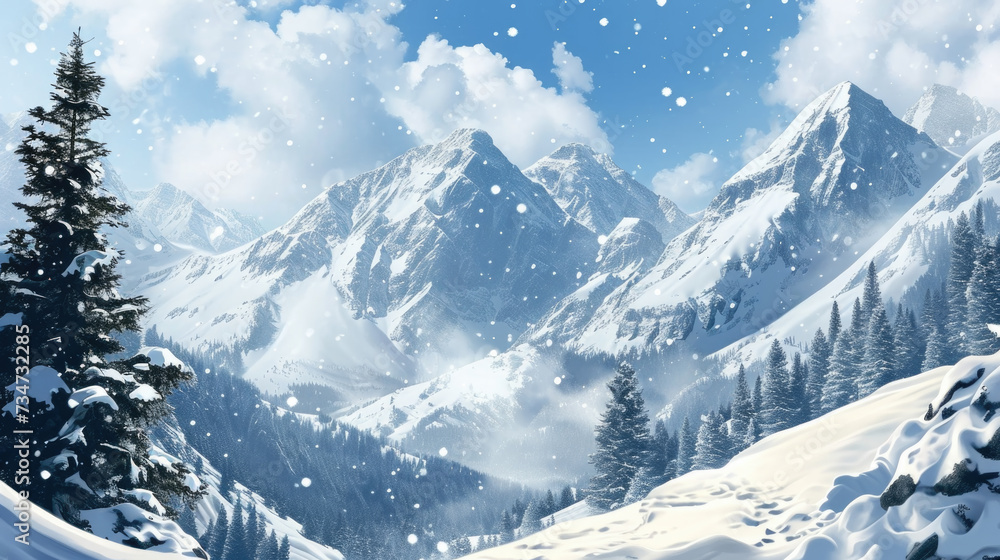 Picturesque snow-covered mountain with tall trees and delicate snowflakes falling. Perfect for winter-themed projects or nature-inspired designs