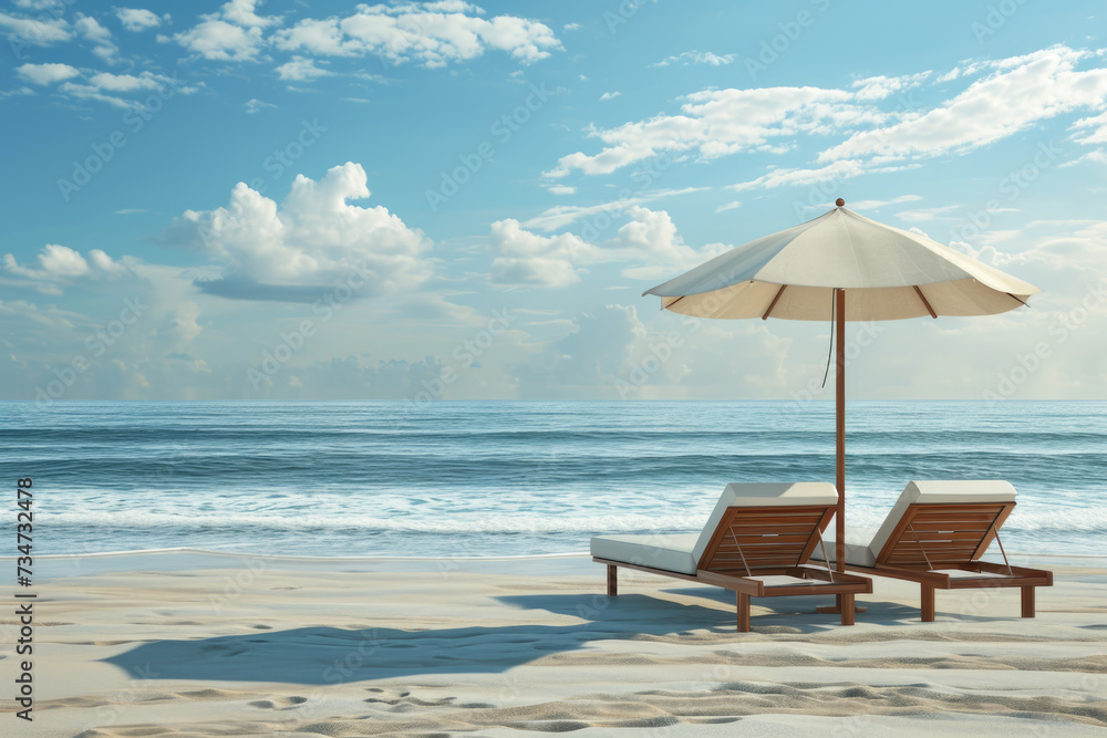Lounge chairs and umbrella set up on sandy beach. Perfect for relaxing and enjoying sun. Ideal for travel brochures and vacation advertisements