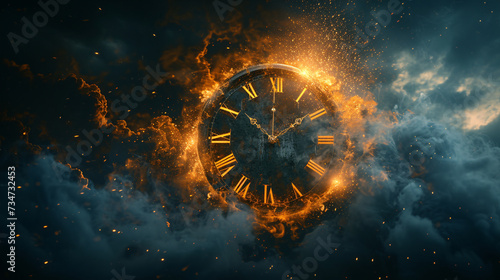 Clock on fire, time burning away. Representation of time's transience photo
