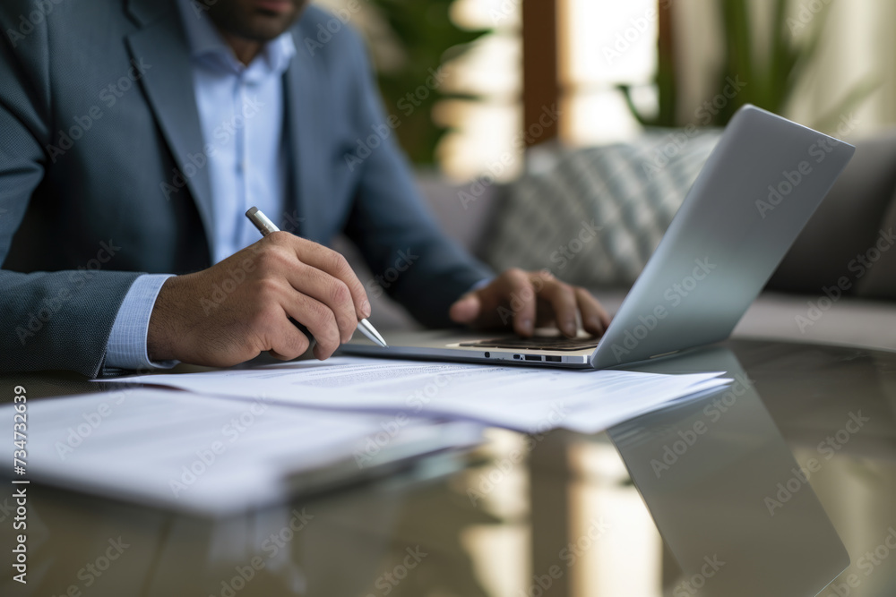 Man sitting at table working on laptop. Suitable for business, technology, and work-related concepts
