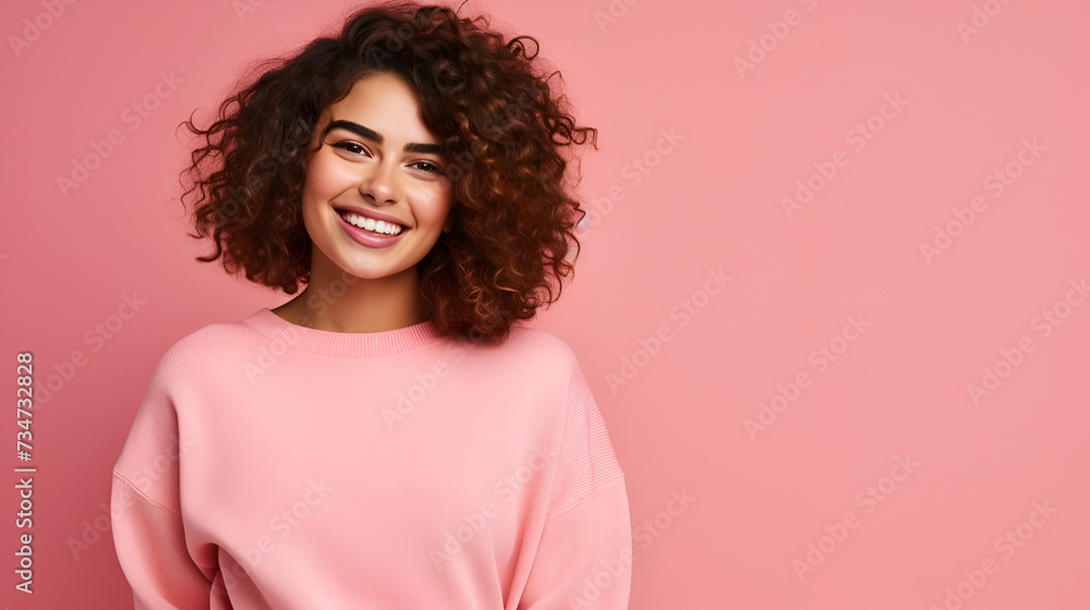 portrait of a curly young smiling woman in the pink sweater on the pink background with a copy space portrait of a curly young smiling woman in the pink sweater on the pink background with a copy space