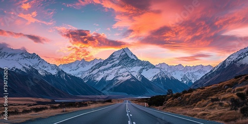 A highway leading towards a range of snow-capped mountains, with a colorful sunrise sky above