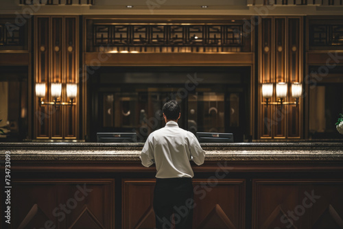 Man standing in front of counter in hotel. Can be used to depict hotel reception, check-in process, or customer service in hospitality industry photo