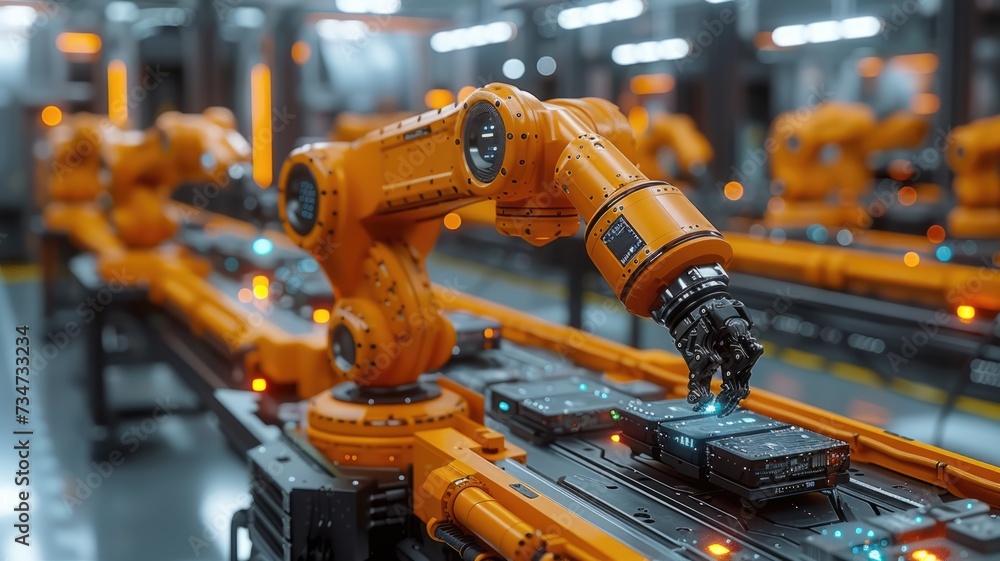 Orange Industrial Robot Arms Assemble EV Battery Pack