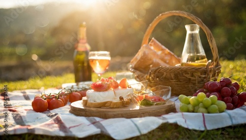 still life with bread and wine, Tasty Food Picnic with People and Sun Flare