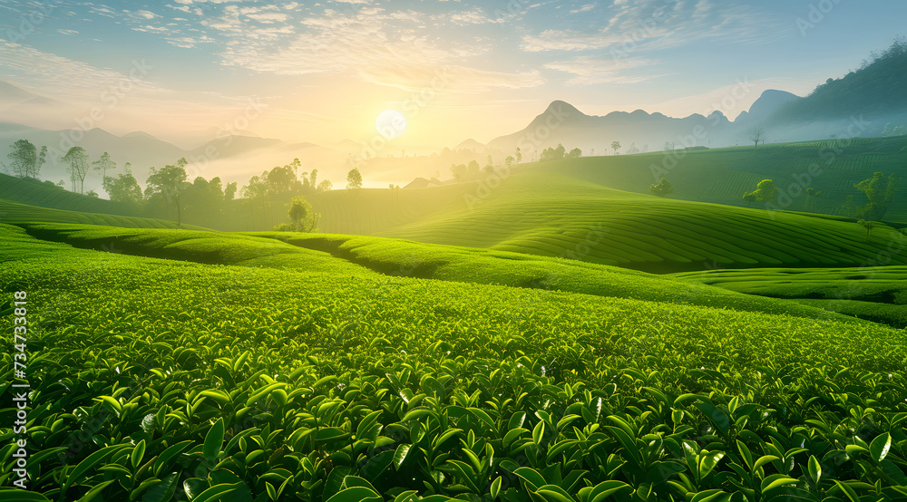Green tea plantation at sunrise time,nature background. - obrazy, fototapety, plakaty 