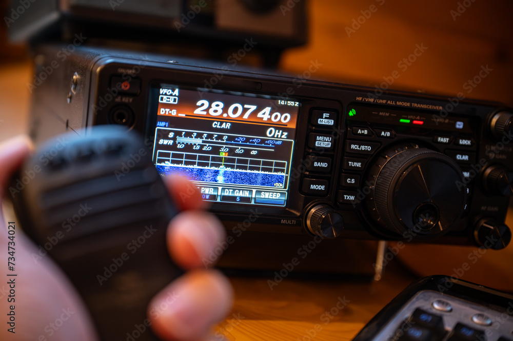 Fototapeta premium Modern HF radio transceiver with waterfall scope for communicating on amateur radio and emergency situations