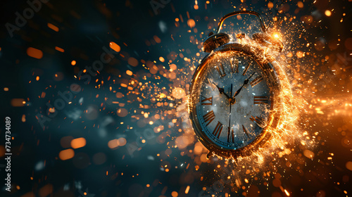 Clock on fire, time burning away. Symbolic portrayal of time's passing. Intense and dramatic visual metaphor.  photo