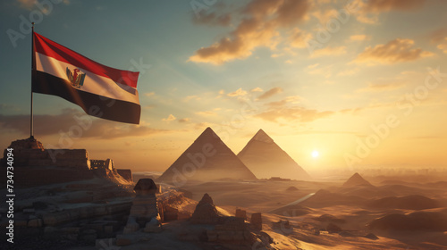 Egyptian flag elegantly displayed against ancient pyramids