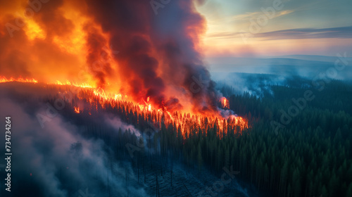 Fictitious aerial photo shows a forest fire. A coniferous forest is burning, leaving a trail of ash and tree stumps in its wake. Thick clouds of smoke form.