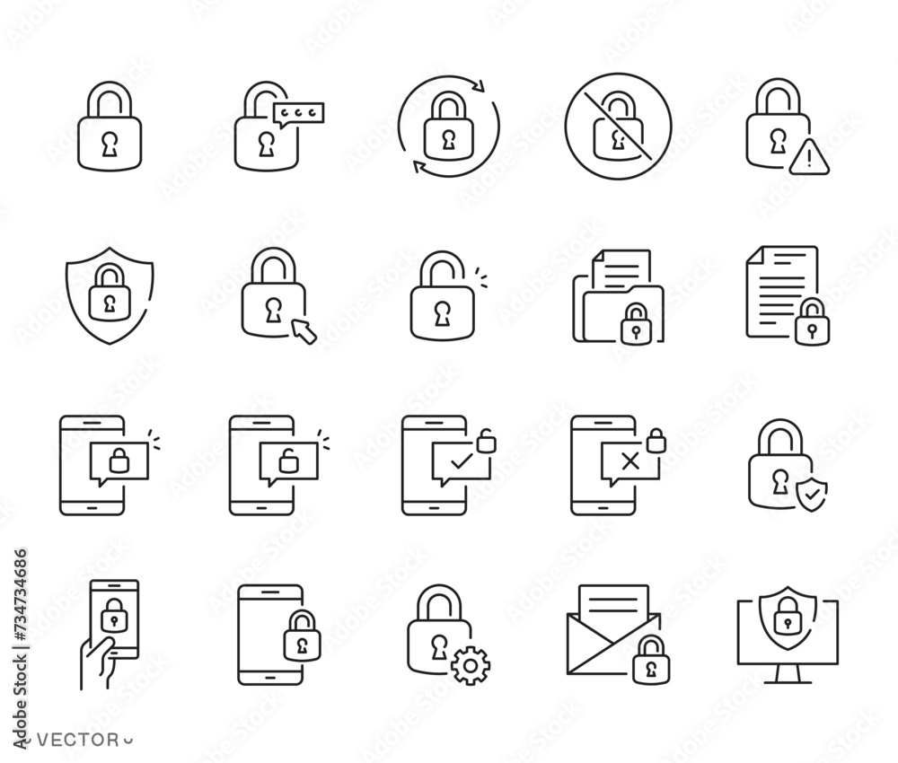 Privacy locks icon collection, Password, circular arrows, shield, Data protection and Cyber security, phone, personal information protection, thin line symbol eps 10 vector illustration Privacy locks icon collection, Password, circular arrows, shield, Data protection and Cyber security, phone, personal information protection, thin line symbol eps 10 vector illustration